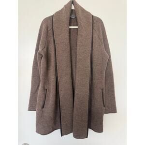 Vince M Brown Wool Yak Alpaca Cashmere Leather Trim Open Front Cardigan Coatigan